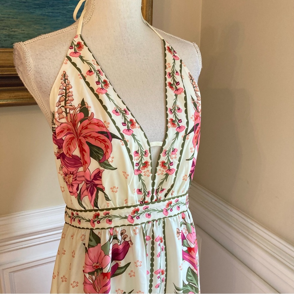 COMMENSE Pink Green Floral Print Halter Open Back Maxi Dress NWT - Picture 4 of 16